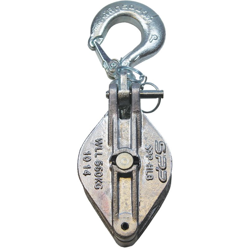 Block, hand line, aluminium, 560kg WLL, steel rotating hook with safety