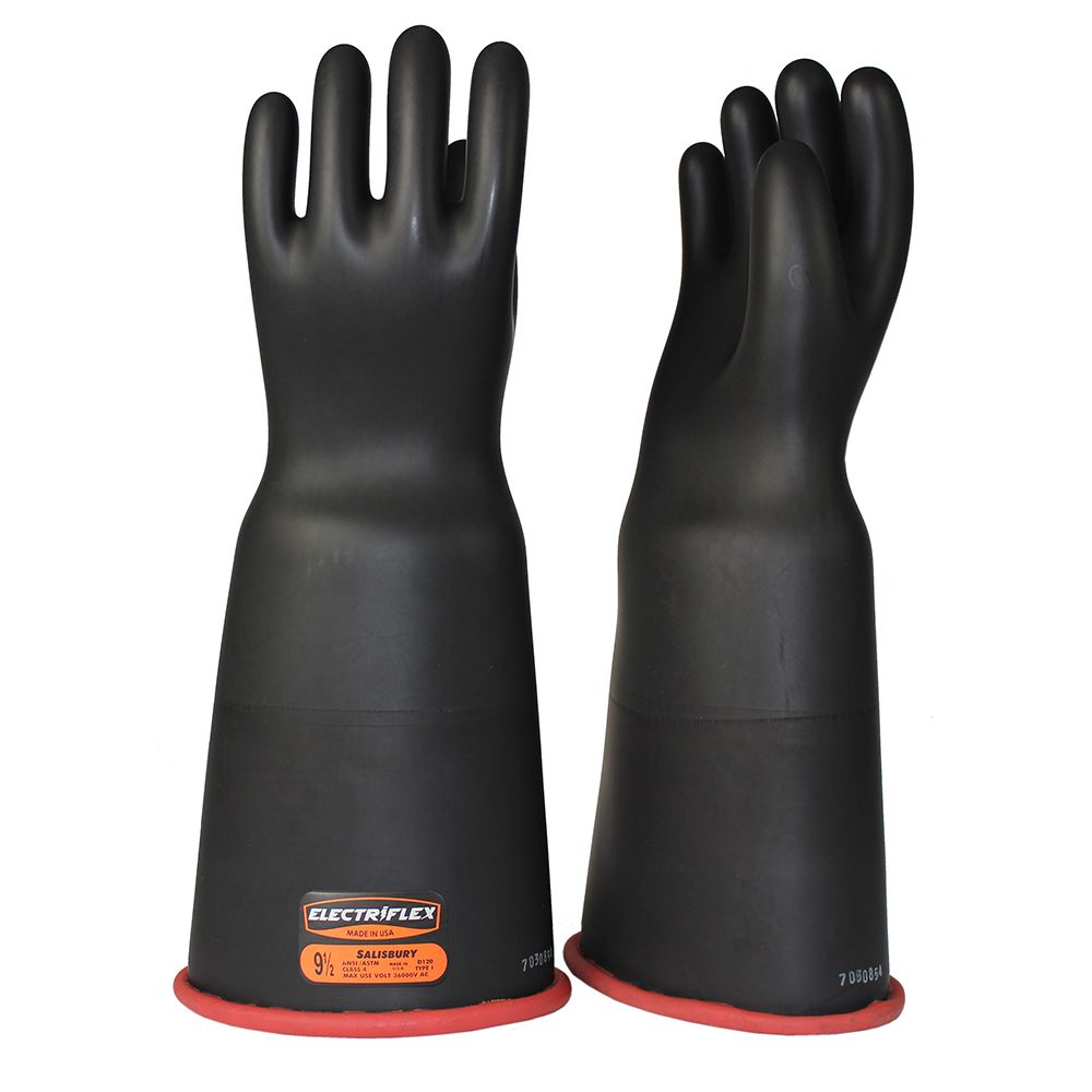 Gloves, rubber, red black, 400mm, 16", class 4, 36kVAC, s 10.5, bell